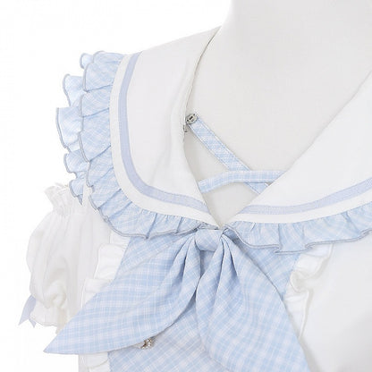 Azure Sailor Collar Blouse with Ruffled Cutout Sleeves - Puppet Bombs