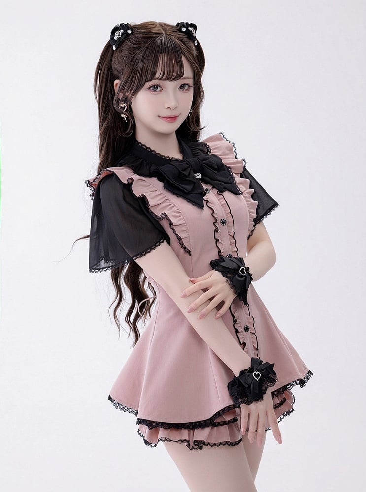 Chiffon Ruffle Dress with Lace Trim and Bow Set - Fluffy Heart