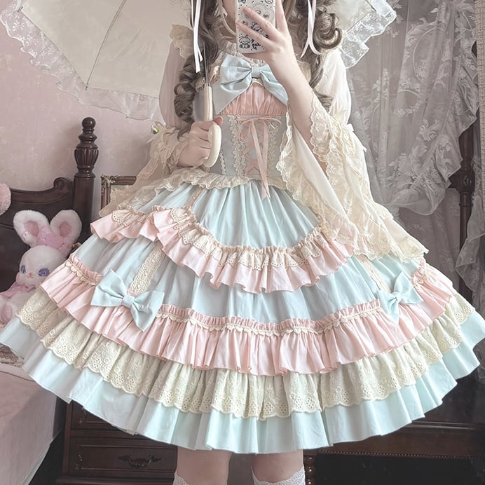 und Candy JSK Süßes Lolita-Kleid mit Schnürung vorne und gewelltem Rand, Farbe Blau, Pink