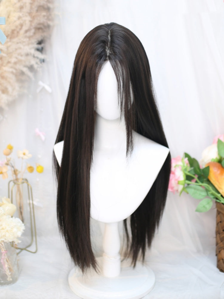 Black Tea Under Bust Length Straight Wig with Curtain Bangs