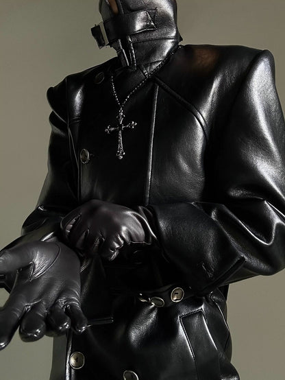 Coat Front with Button PU Dual-Wear Black Design Waist Ouji Set Belt