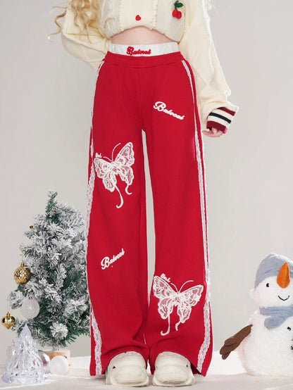 Schwarz/Rote Spitze Schmetterlinge Gerade Bein Schnitt Hose Spitze Trim