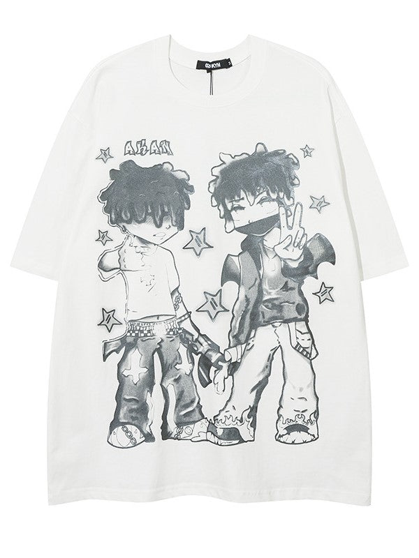 Loose-Fit Anime Character Graphic Tee - Flattering and Stylish White/Black/Pink