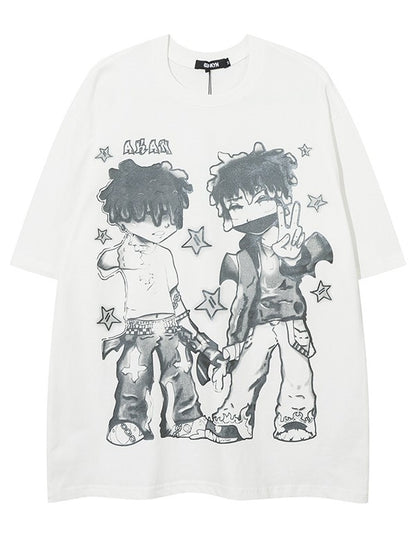 Loose-Fit Anime Character Graphic Tee - Flattering and Stylish White/Black/Pink