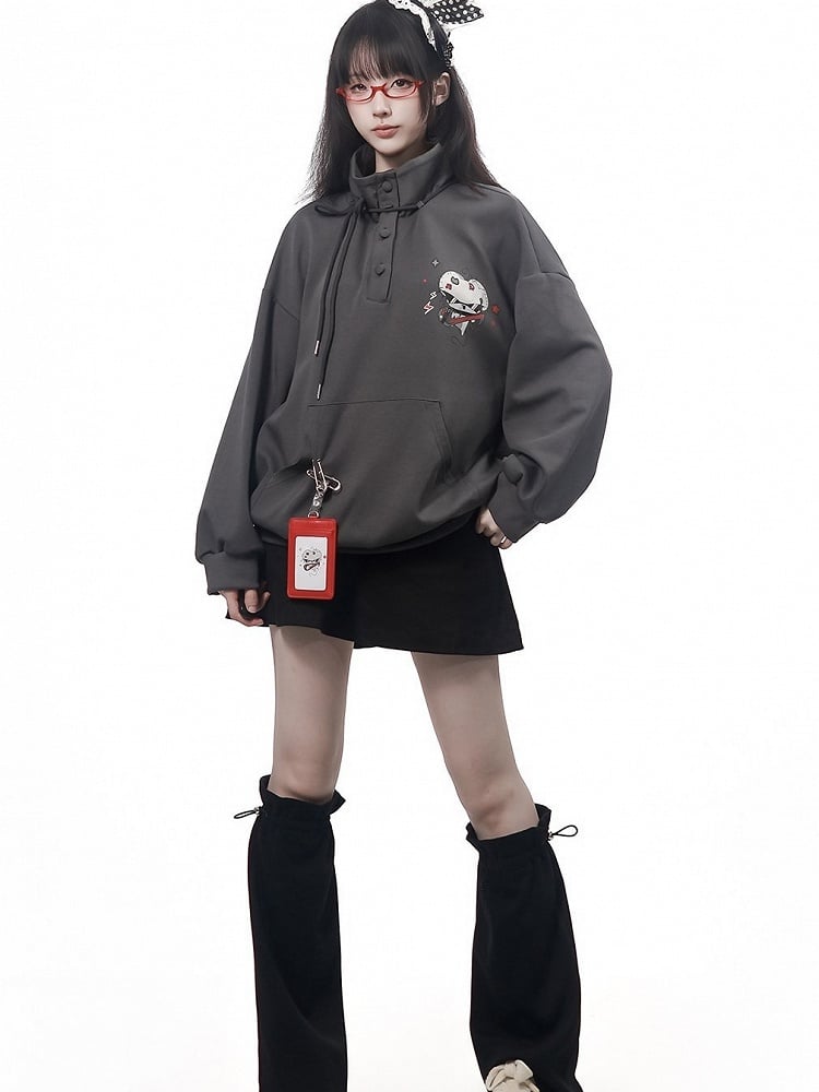 Stand Collar Sweatshirt in Gray with Cartoon Mouse Print and Safety Pin Detail - PINK SAVIOR