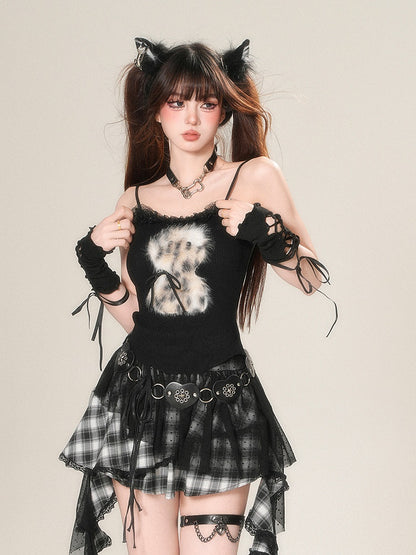 Ruffle Neckline Black/Gray Glamorous Plush Cami Top Leopard Animal