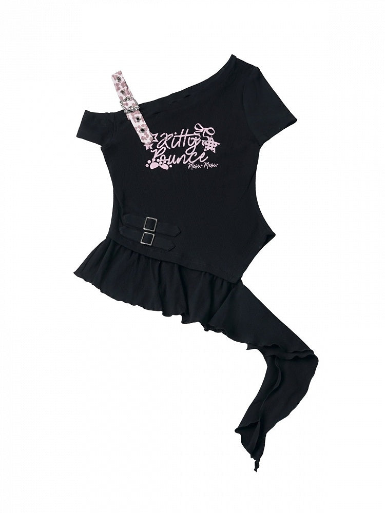 Asymmetric Black Top with Letter Print and Irregular Hem - PINK SAVIOR