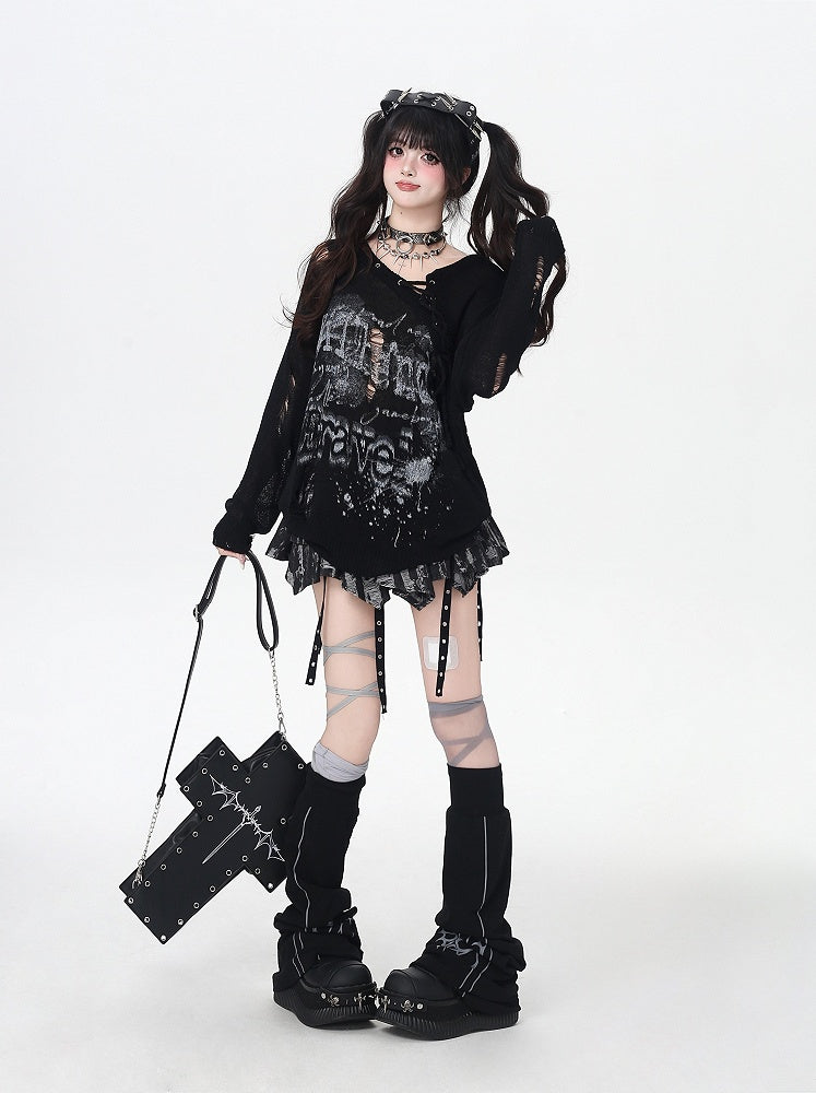 Distressed Holes Lace-up Neckline Ink-jet Print Black/Apricot