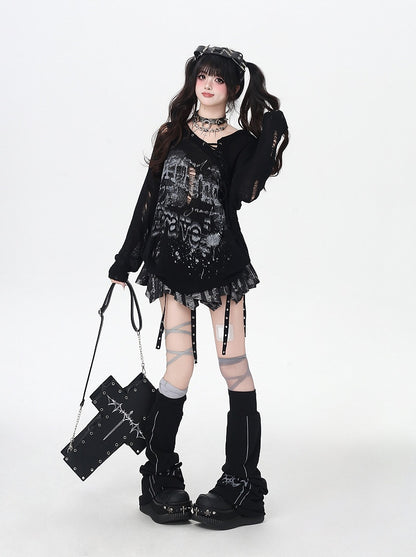 Distressed Holes Lace-up Neckline Ink-jet Print Black/Apricot