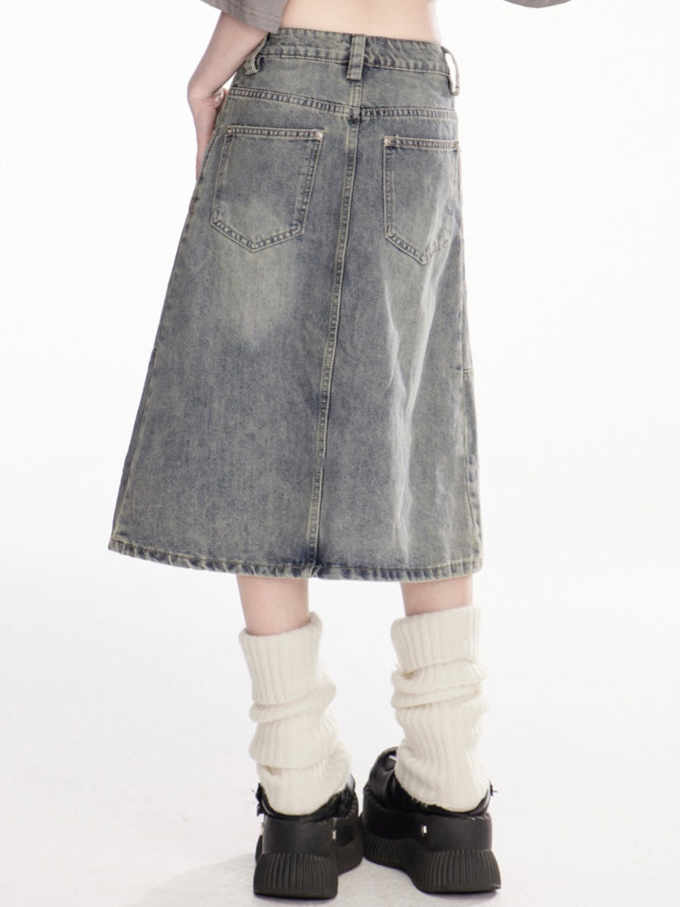 チャームフリーブルーローライズフェードウォッシュダメージデニムスカート