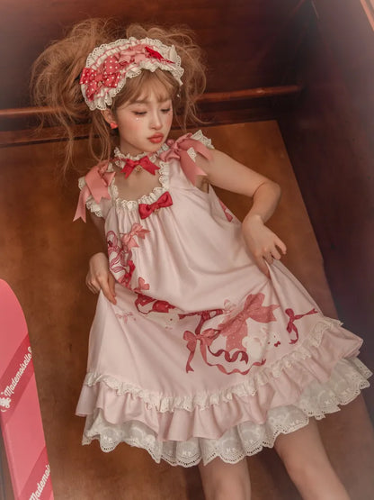 Kleid mit Schleife, Ösen, gewelltem, süßem rosa Besatz und Lolita-Häschen