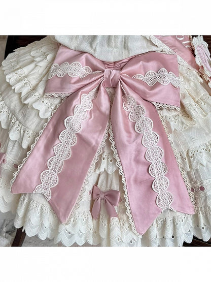 Lace-Adorned Lolita Train Skirt with Pink Ribbon Accent - Yinying Lolita