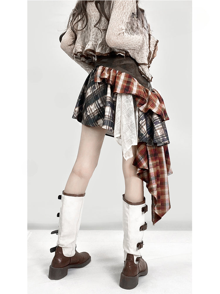 ヴィンテージレッドチェック柄ローウエストアシンメトリーヘムグラマラススカート