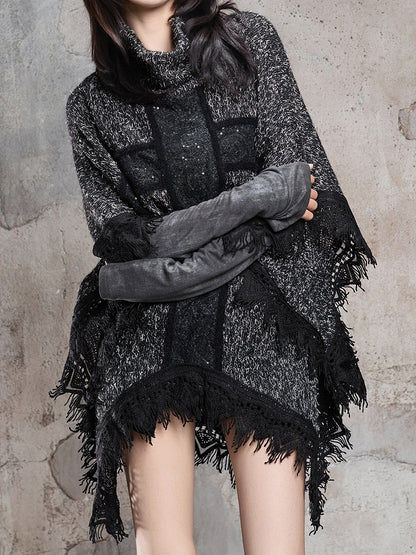 Cross Black Motif Raw Cape Punk and with Vintage Hem