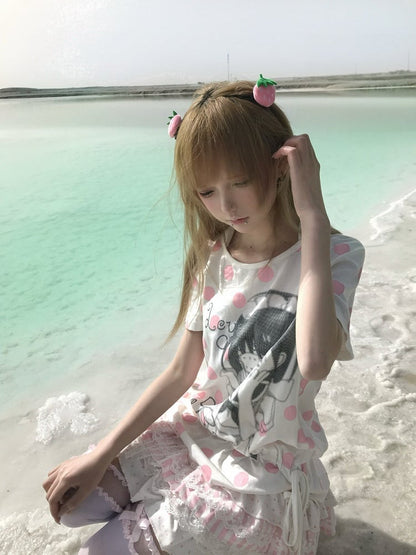 Adorable Polka Dot Short Sleeve Tee with Ruffled Hem - Yameko