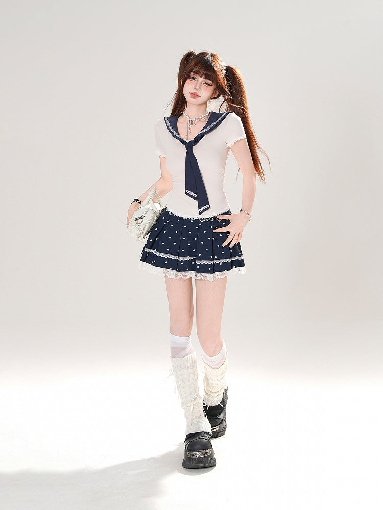 + Tシャツセット プリーツセーラー 水玉模様 取り外し可能なブルースカート ネイビー アプリコット スリムフィットカラー