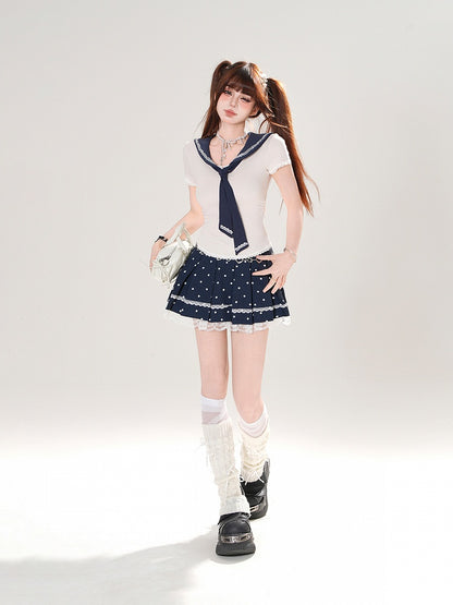 + Tシャツセット プリーツセーラー 水玉模様 取り外し可能なブルースカート ネイビー アプリコット スリムフィットカラー