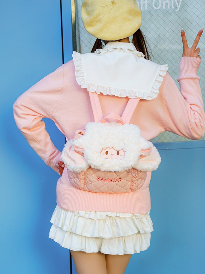 Diamond Letter Lamb Backpack Flap WhitePink Embroidery Plush Pattern
