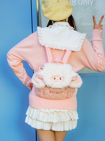 Diamond Letter Lamb Backpack Flap WhitePink Embroidery Plush Pattern