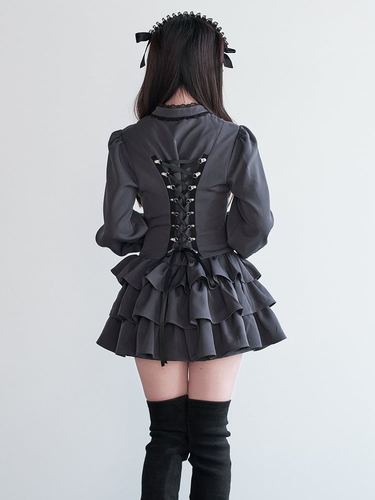 Jirai Gray Cut-Out Multi-Layer Dress Ruffled Cross Kei Set + Shorts Bow Matching Decor