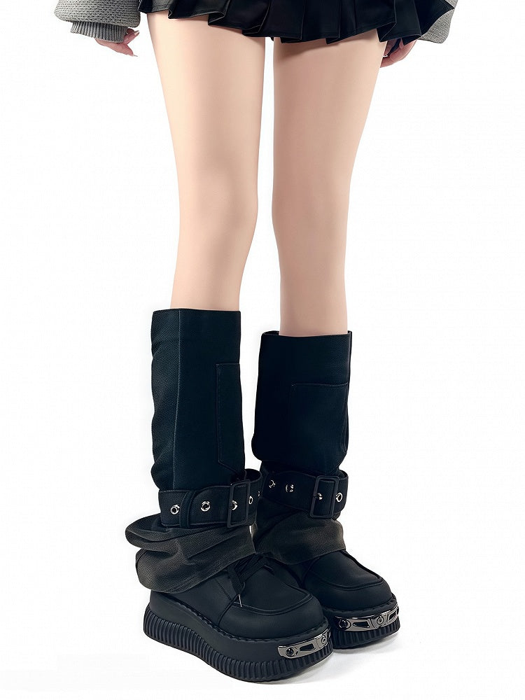 Blue/Black Color Gradient Leg Design Denim Loose Y2K Buckle Strap with Cuff Warmers
