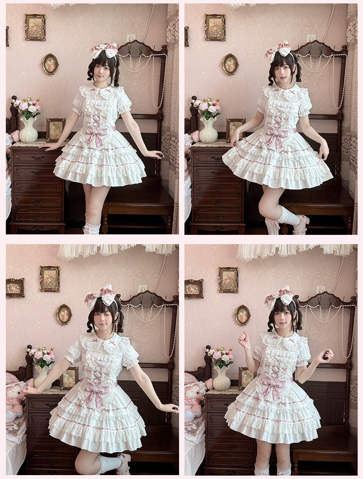 Self-tie and Sweet Decorated Lolita Apron Heart Pink White Bow