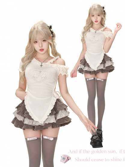 Asymmetric Knit Top - Sleeve Short Beige Backless Design