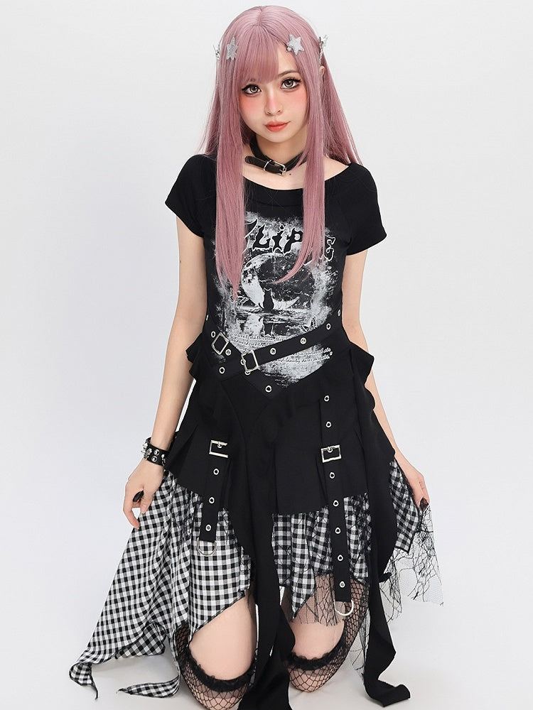 Y2K Blue/Black Criss-cross Design Cascading Ruffle Accents Moon T-shirt Print