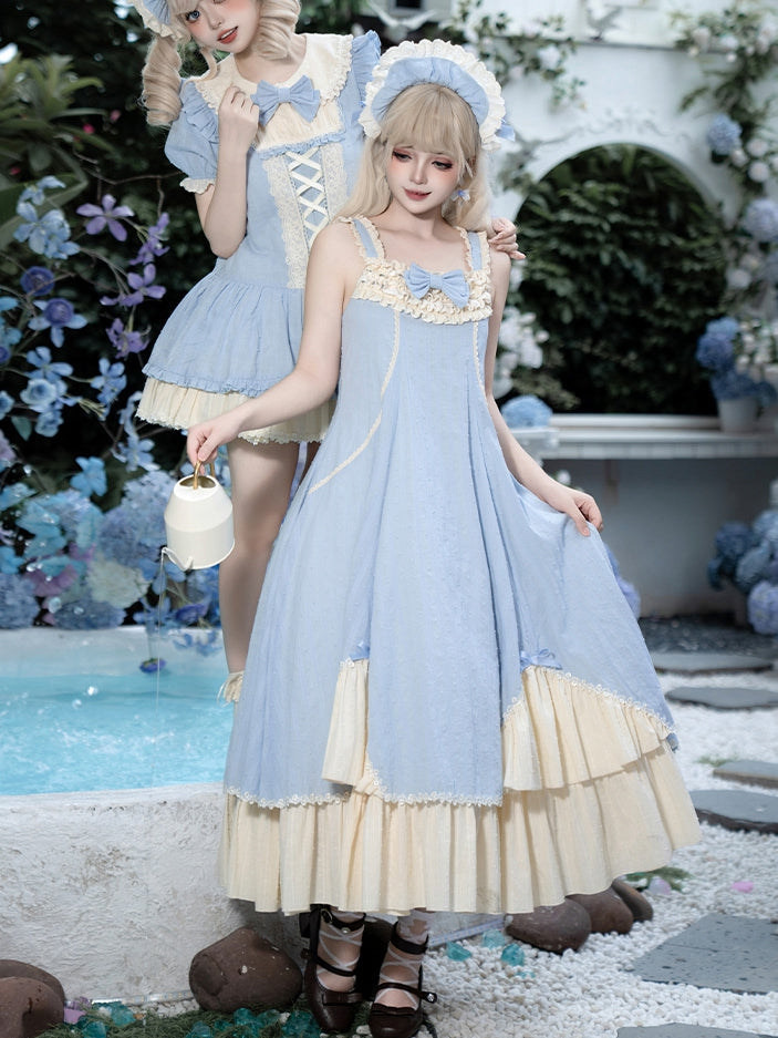 Tea Set and Trims Ruffle Beige Dress Elegant Full Flounce Length Lolita Blue Hem JSK