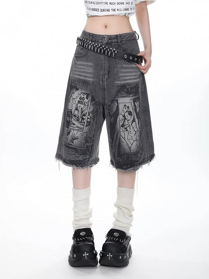 Raw Hem and Monochrome Comic Strip Print Dark Grey Denim Shorts with