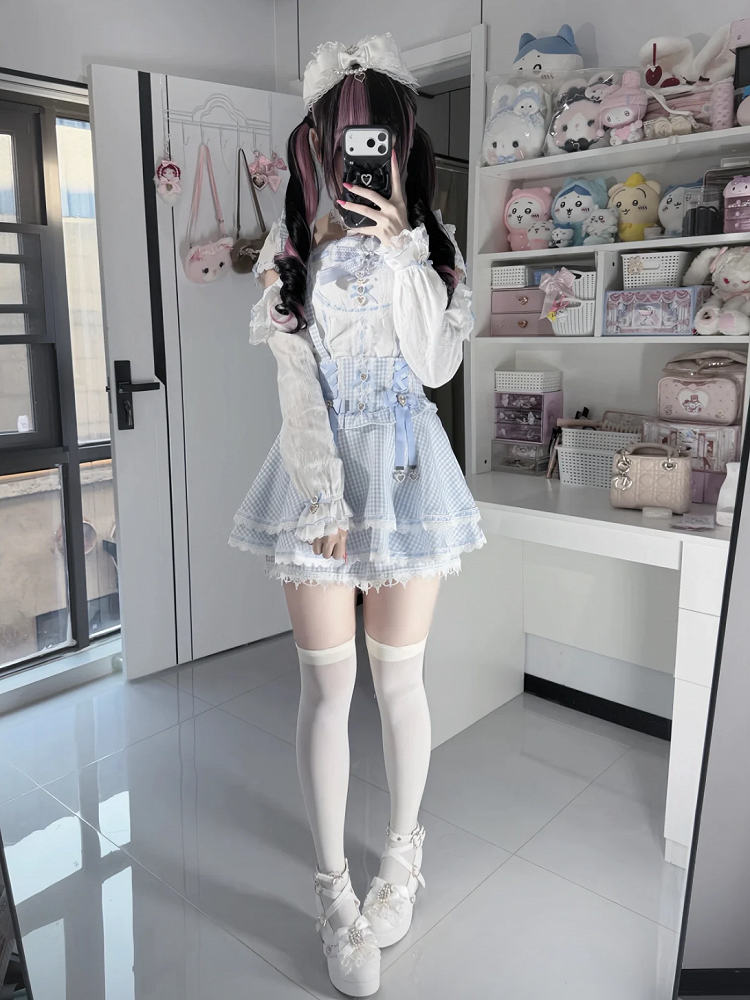 Ryousangata Blue Square-Neck Cutout Shoulder Cotton Long Sleeve Blouse with Lace & Rhinestone Bow - Broken Bear