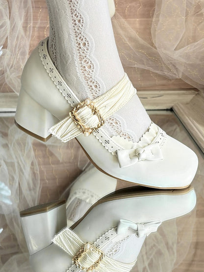 Mary Straps - White Janes Low/Mid Cutouts Elegant Lolita Pleated with Heel PU Floral