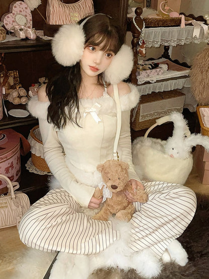 Creamy Off-Shoulder Knit Top With Faux Fur  Charming Bow Accent White