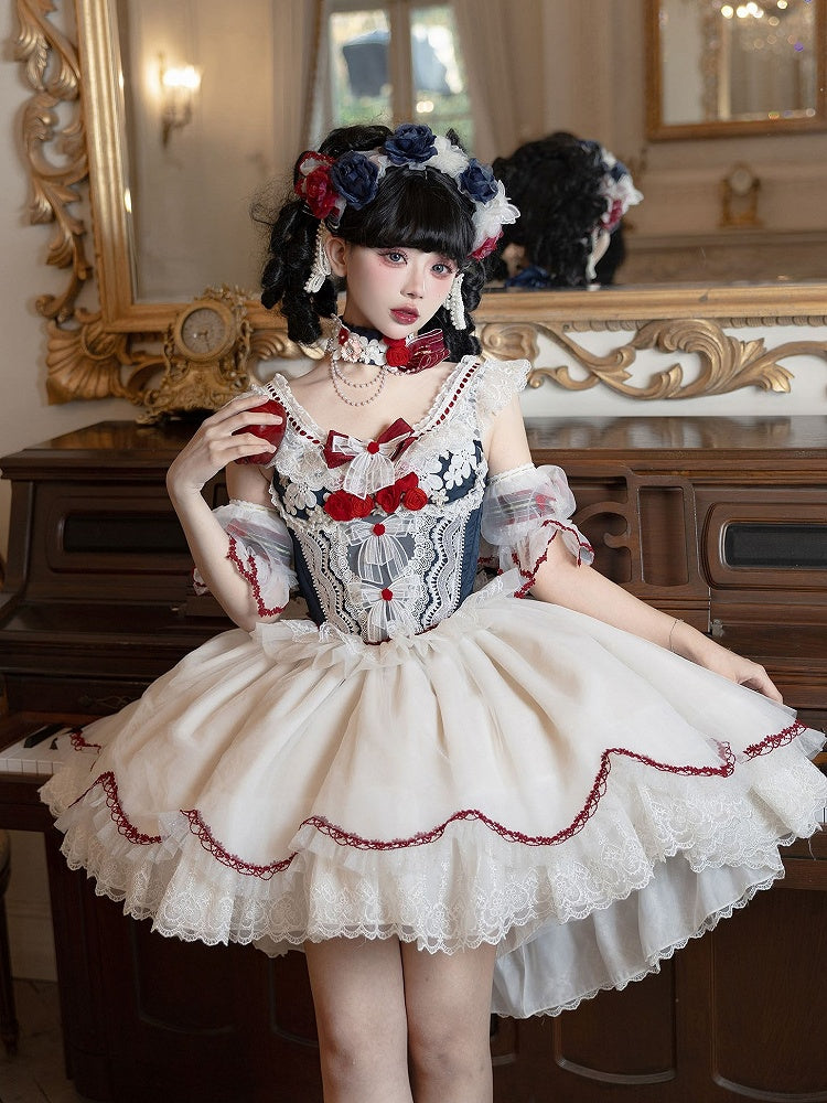 Vibes Sleeves and Bow White Detachable Snow Sweet Lace Decorated Blue Skirt Top Lolita + Full Set Choker KC Corset