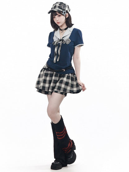 Blue Preppy Two-Piece Fitted Short Sleeve Top with Badge - PINK SAVIOR