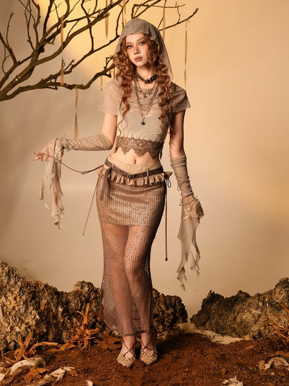 Brown Bodycon Skirt with Mesh Overlay and Belt - Virtual Orbit