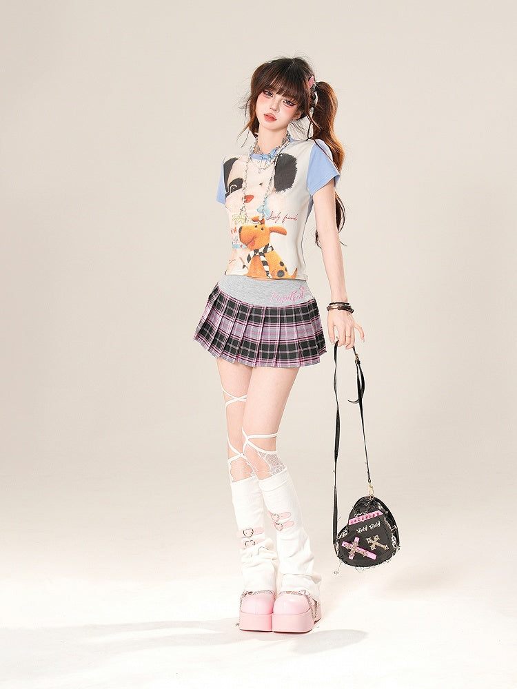 愛らしいカラーブロックデザインの子犬プリントのブルー/ピンクのTシャツ