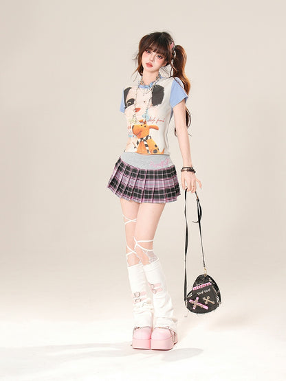 愛らしいカラーブロックデザインの子犬プリントのブルー/ピンクのTシャツ