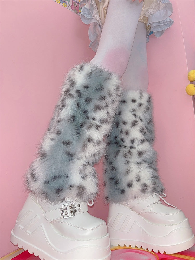 イエロー/ダスティブルー レオパード シャギー レッグウォーマー