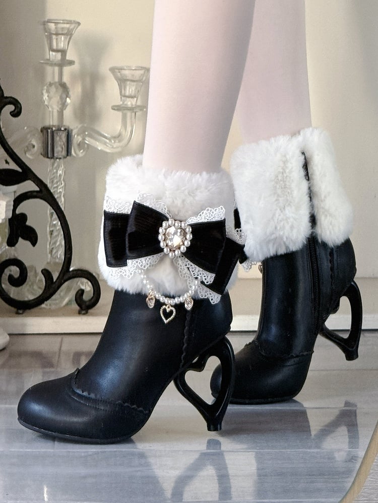 Lolita Winter Sweet Heart-Shaped - Black Cuff Plush with Boots Style Heel