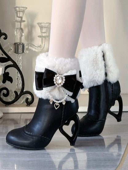 Lolita Winter Sweet Heart-Shaped - Black Cuff Plush with Boots Style Heel