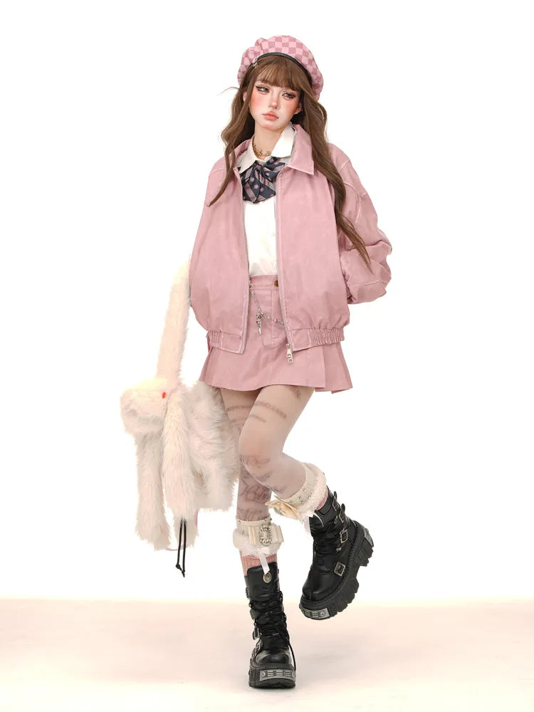 プリーツスカート PU ブラウン/ピンク