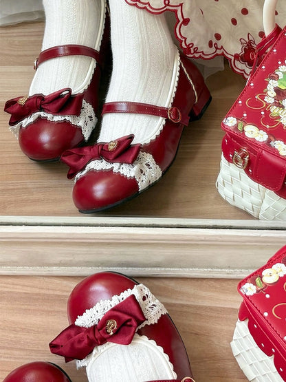 Romantic Heart Bow, Lace Trim & Scalloped Trim Details Red Low-heel Shoes in Classic Lolita
