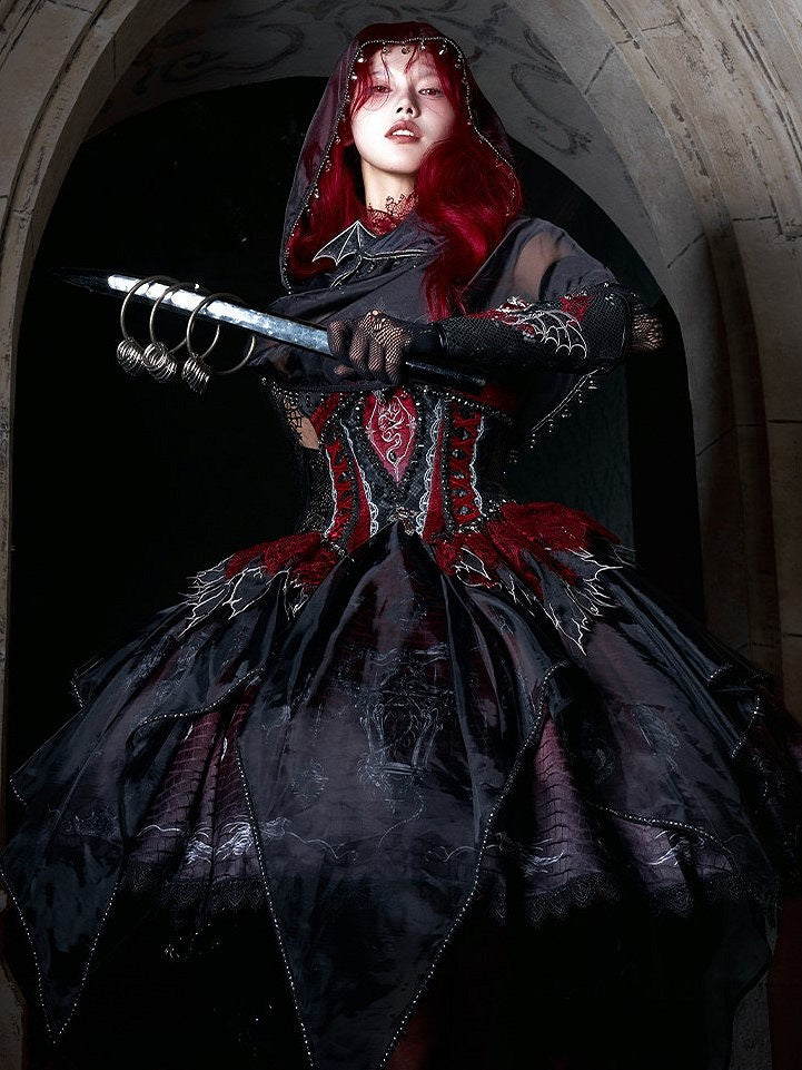 Black & Red Bone Dragon Embroidery Halter Neck Gothic Lolita Dress Set - Ying Luo Fu