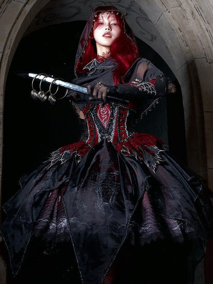 Black & Red Bone Dragon Embroidery Halter Neck Gothic Lolita Dress Set - Ying Luo Fu