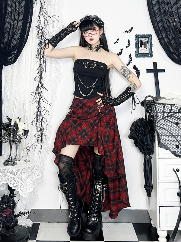 Punk Front with Black Red Plaid Skirt High-Low Hook Halloween Detail