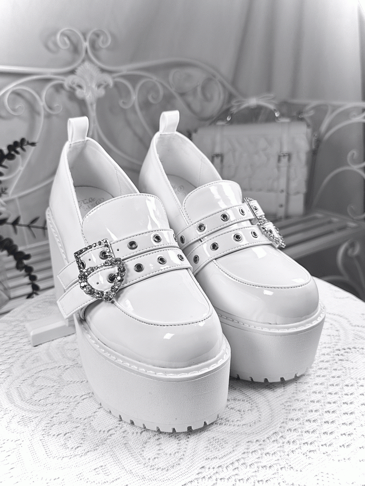 Polished Crystal Heels 10cm Heel - Jirai Kei with Platform Shoes Buckles Chunky White