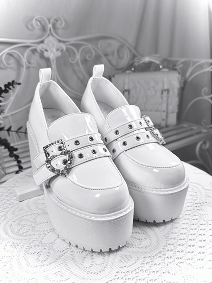 Polished Crystal Heels 10cm Heel - Jirai Kei with Platform Shoes Buckles Chunky White