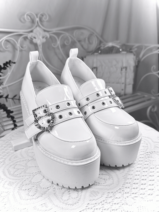 Polished Crystal Heels 10cm Heel - Jirai Kei with Platform Shoes Buckles Chunky White