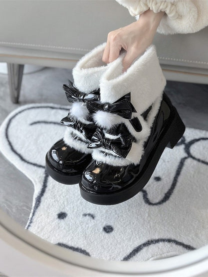 Boots Bow Round-Toe Fleece-Lined Black with Sweet Accents Snow Lolita